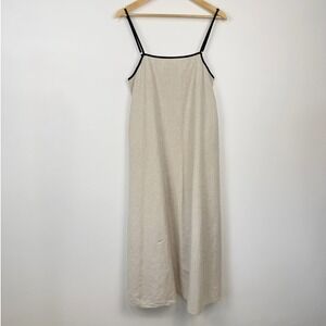 Shy Velvet Linen Maxi Dress Women Medium Beige Pockets Lagenlook Boho Resort